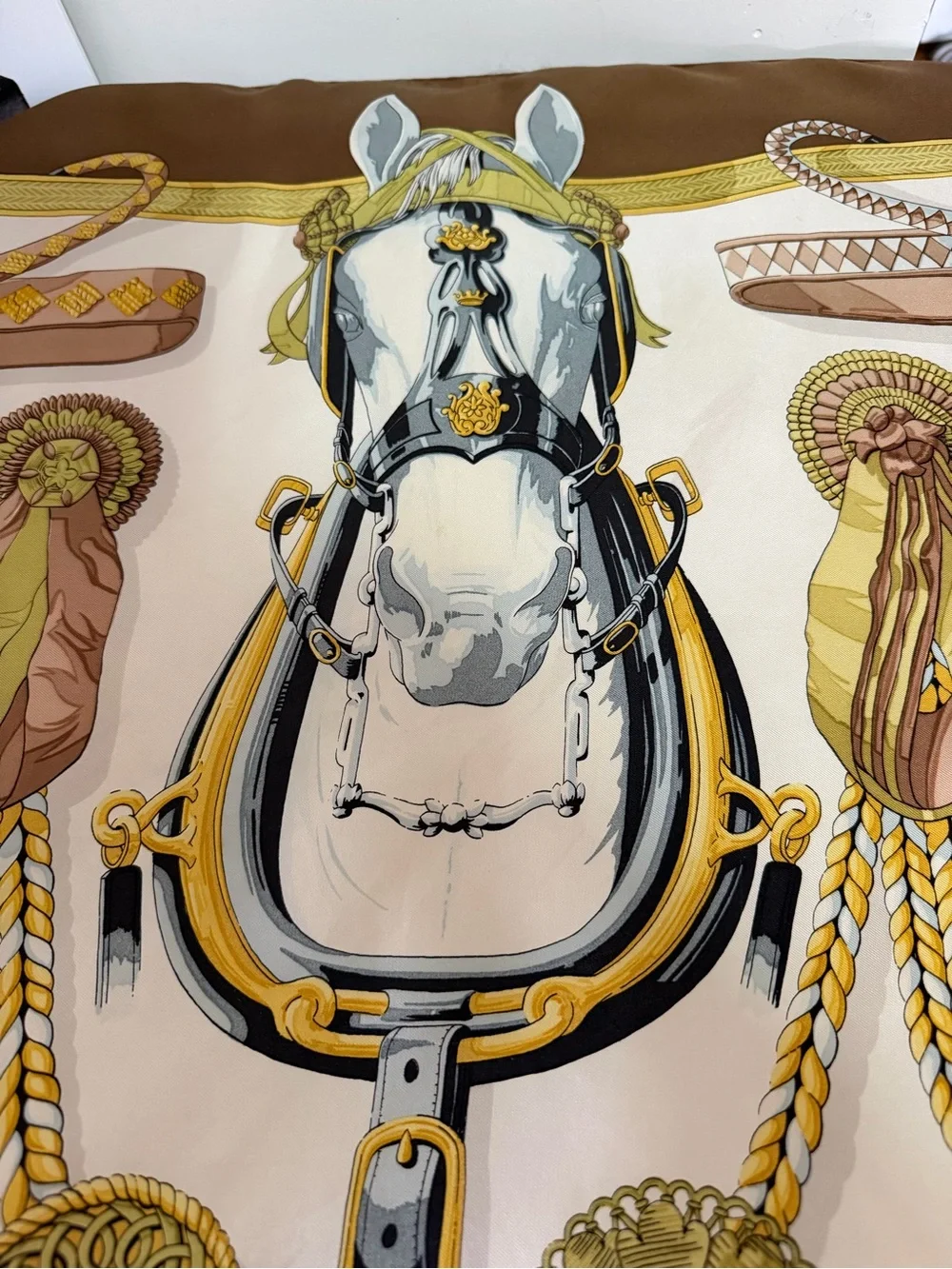 Hermès Paris Equestrian Silk Scarf in Cream, Gold and Brown - Picture 15 of 16